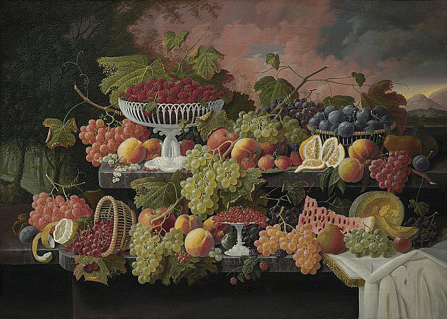 #1Tag1Text zu: Severin Roesen ‚Two-Tiered Still Life with Fruit and Sunset Landscape‘, ca. 1867